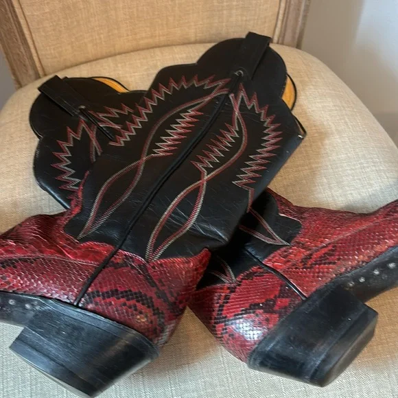 Panhandle Slim Red & Black Snakeskin Cowboy Boots women sz 7 - Picture 9 of 12